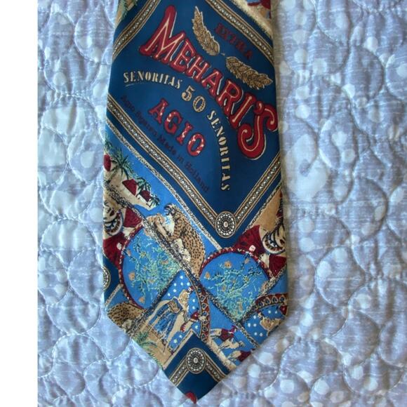 Agio Mehari's Senorita Cigar Men's Silk Tie Blue Red Cigar Box Logo 58x3 1/2" - Picture 3 of 8